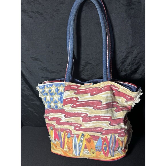 2000s Anne Ormsby Beach Bag Patriotic Surf Denim bag "Surviving Stress" American - Picture 2 of 14